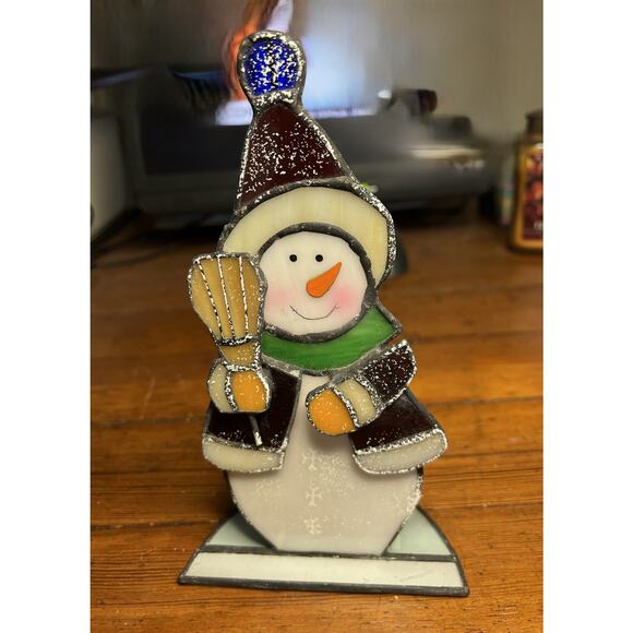 Snowman Tabletop Decor Set 5 Stained Glass Christmas Holder Candle - Picture 3 of 7